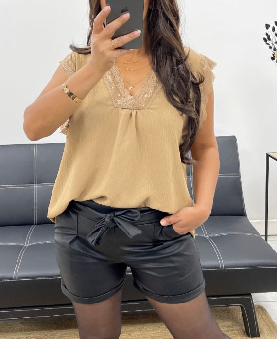 TOP DE ENCAJE DE CAMISOLA SUELTA AH255020 CAMEL