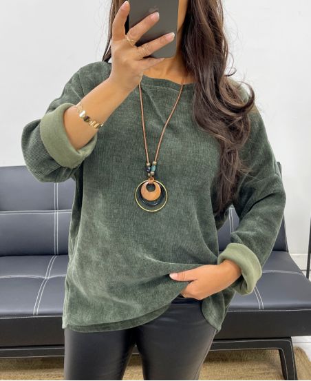 LOCKERER SAMTPULLOVER + HALSKETTE ANGEBOTEN AH255038 KHAKI