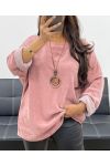 LUŹNY AKSAMITNY SWETER + NASZYJNIK OFEROWANE AH255038 RÓŻU