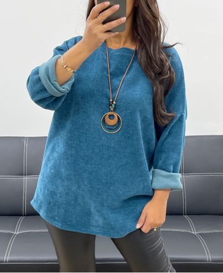 LUŹNY AKSAMITNY SWETER + NASZYJNIK OFEROWANE AH255038 NIEBIESKI