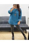 LUŹNY AKSAMITNY SWETER + NASZYJNIK OFEROWANE AH255038 NIEBIESKI