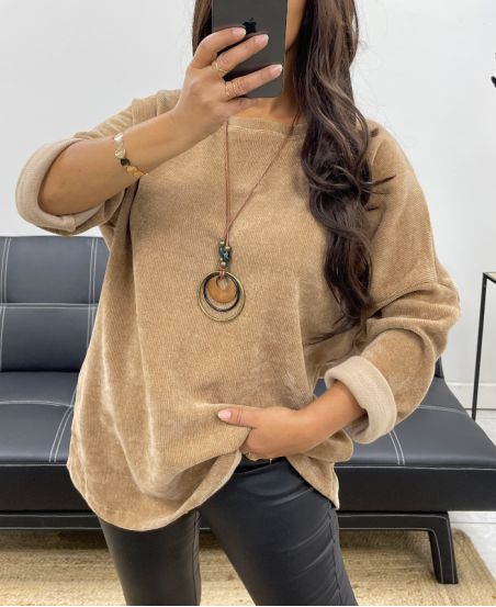 PULL AMPLE VELOURS + COLLIER OFFERT AH255038 CAMEL