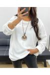 LUŹNY WELUROWY SWETER + NASZYJNIK OFEROWANY AH255038 BIAŁY