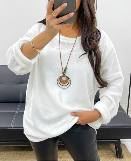 LUŹNY WELUROWY SWETER + NASZYJNIK OFEROWANY AH255038 BIAŁY
