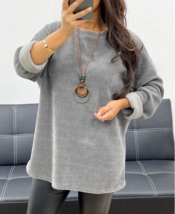 LUŹNY WELUROWY SWETER + NASZYJNIK OFEROWANE AH255038 SZARY