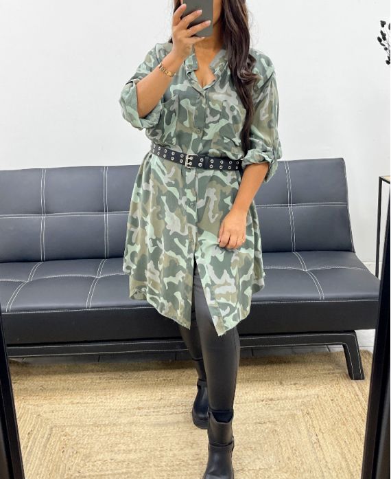 VESTIDO CAMISERO OVERSIZE DE CAMUFLAJE PE0373 CAQUI