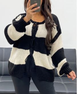 PULL GILET DOUX A RAYURES AH255061 NOIR