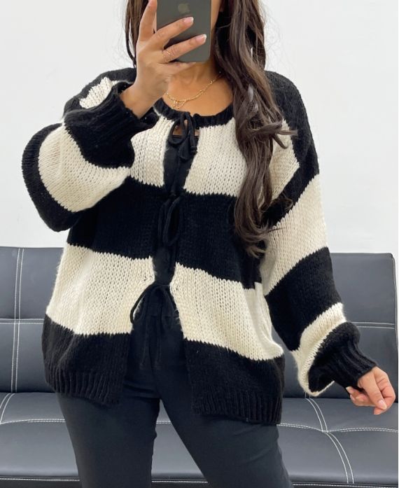 WEICHER GESTREIFTER CARDIGAN PULLOVER AH255061 SCHWARZ