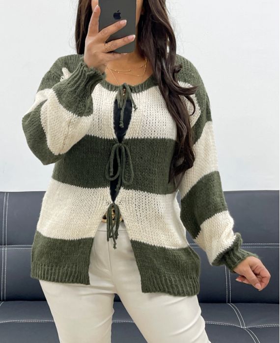 PULL GILET DOUX A RAYURES AH255061 KAKI