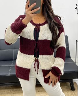 PULL GILET DOUX A RAYURES AH255061 BORDEAUX