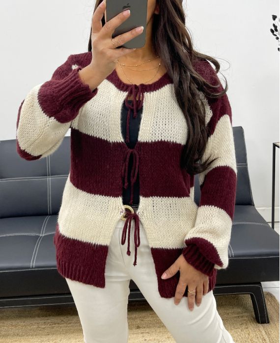 PULL GILET DOUX A RAYURES AH255061 BORDEAUX