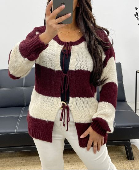 PULL GILET DOUX A RAYURES AH255061 BORDEAUX