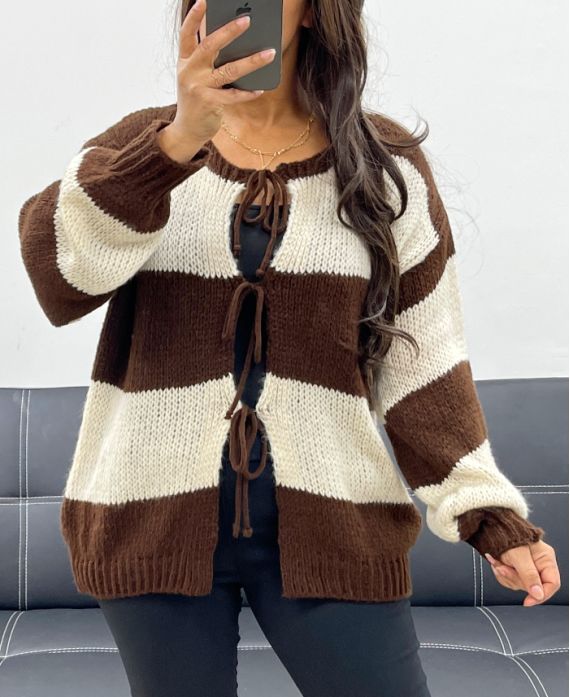 PULL GILET DOUX A RAYURES AH255061 CHOCOLAT