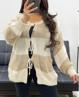 MIĘKKI SWETER KARDIGAN W PASKI AH255061 BEŻOWY
