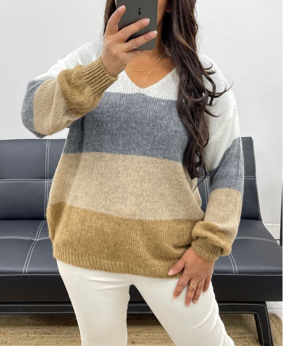 WEICHER MEHRFARBIGER PULLOVER MIT V-AUSSCHNITT AH255070 WEISS