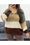 MIĘKKI WIELOKOLOROWY SWETER Z DEKOLTEM W SEREK AH255070 KHAKI