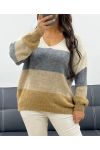 WEICHER MEHRFARBIGER PULLOVER MIT V-AUSSCHNITT AH255070 BEIGE