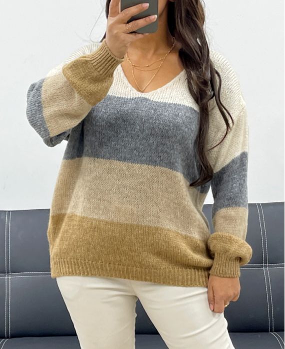 SOFT MULTICOLOR V-NECK SWEATER AH255070 BEIGE