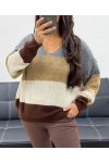 MIĘKKI WIELOKOLOROWY SWETER Z DEKOLTEM W SEREK AH255070 SZARY