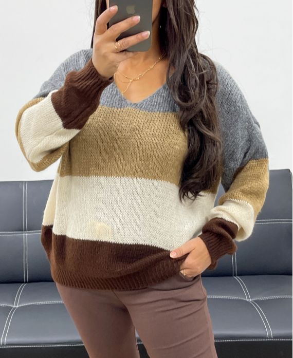 SOFT MULTICOLOR V-NECK SWEATER AH255070 GREY