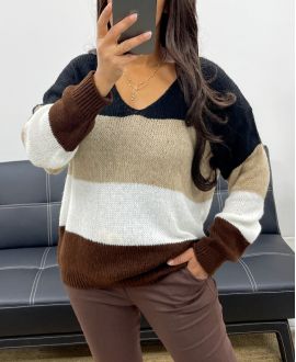 WEICHER MEHRFARBIGER PULLOVER MIT V-AUSSCHNITT AH255070 SCHWARZ