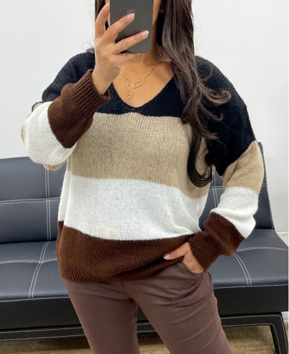 WEICHER MEHRFARBIGER PULLOVER MIT V-AUSSCHNITT AH255070 SCHWARZ