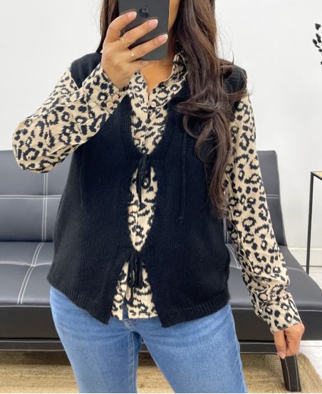 CHALECO DE LANA SIN MANGAS LAZOS AH5124 NEGRO