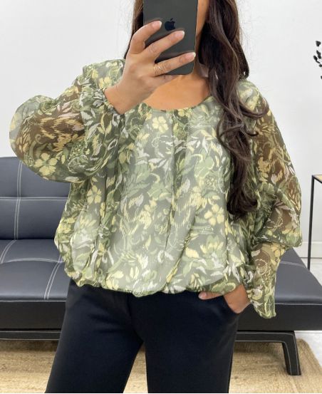 BALL-EFFECT SHEER BLOUSE AH255103 KHAKI