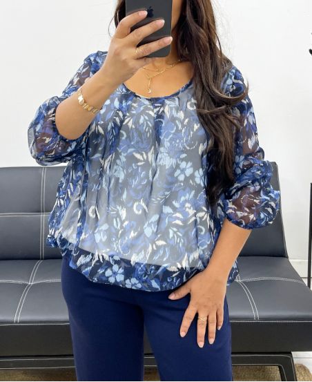 BALL-EFFECT SHEER BLOUSE AH255103 BLUE