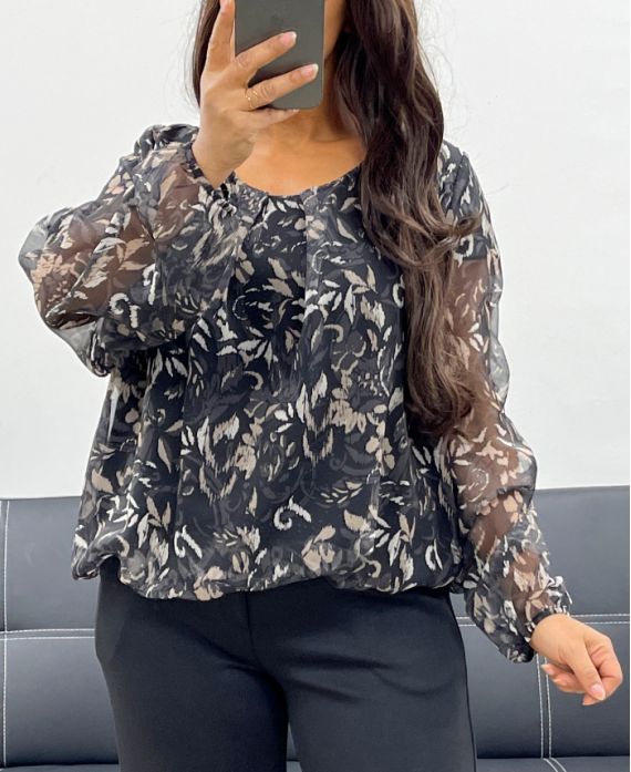BLOUSE VOILAGE EFFET BOULE AH255103 NOIR-2