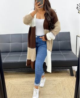 WIELOKOLOROWY MIĘKKI DŁUGI KARDIGAN AH255130 CHOCO-BEIGE-WHITE