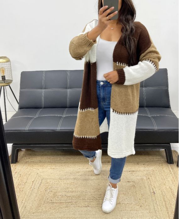 MULTICOLOR SOFT LONG CARDIGAN AH255130 CHOCO-CAMEL- WHITE