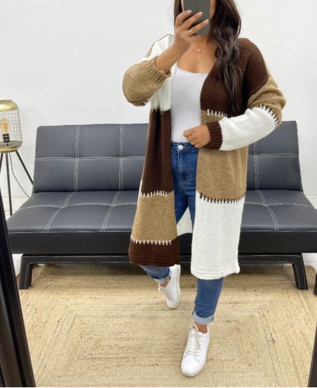 MULTICOLOR SOFT LONG CARDIGAN AH255130 CHOCO-CAMEL- WHITE