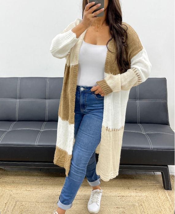 CÁRDIGAN LARGO SUAVE MULTICOLOR AH255130 CAMEL-BEIGE-BLANCO