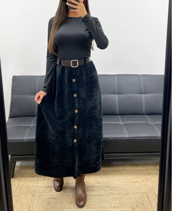 LANGE FLUWELEN ROK MET KNOPEN + ZWARTE AH255162 RIEM