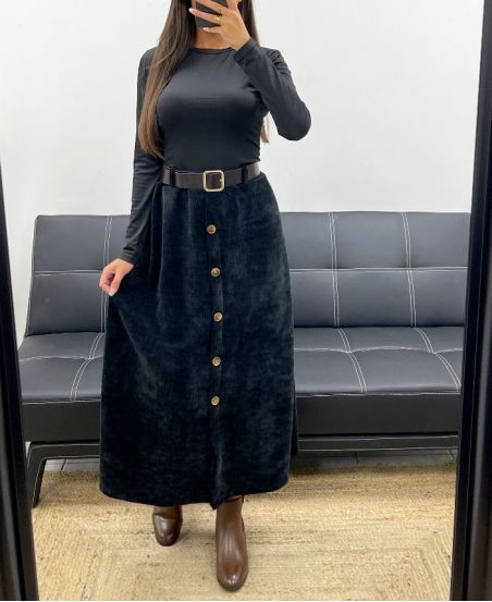 FALDA LARGA DE TERCIOPELO CON BOTONES + CINTURÓN AH255162 NEGRO