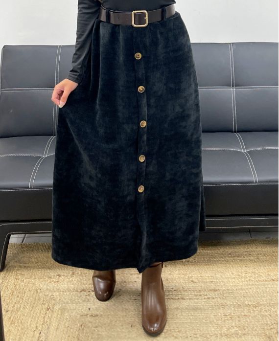 LONG VELVET SKIRT WITH BUTTONS + BLACK AH255162 BELT