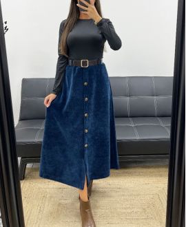 LANGE FLUWELEN ROK MET KNOPEN + NAVY AH255162 RIEM