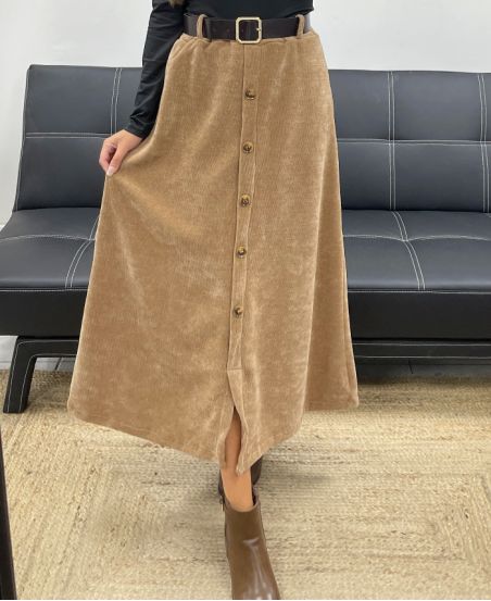 FALDA LARGA DE TERCIOPELO CON BOTONES + CINTURÓN AH255162 CAMEL