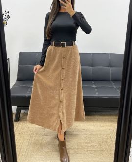 FALDA LARGA DE TERCIOPELO CON BOTONES + CINTURÓN AH255162 CAMEL