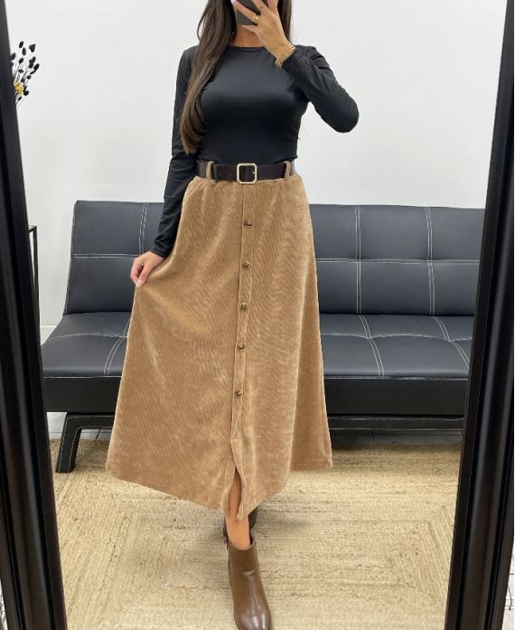 FALDA LARGA DE TERCIOPELO CON BOTONES + CINTURÓN AH255162 CAMEL