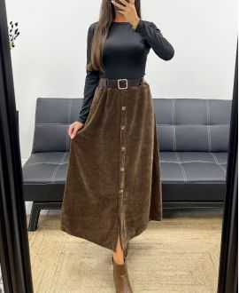 LANGE FLUWELEN ROK MET KNOPEN + CHOCOLADE AH255162 RIEM