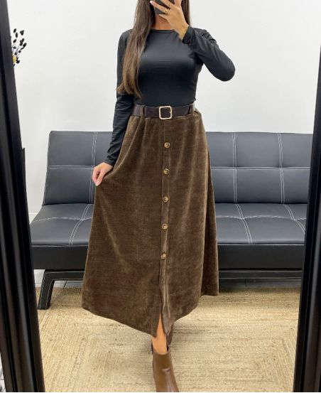 LANGE FLUWELEN ROK MET KNOPEN + CHOCOLADE AH255162 RIEM