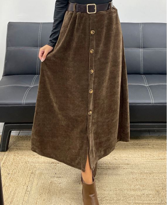 LONG VELVET SKIRT WITH BUTTONS + CHOCOLATE AH255162 BELT
