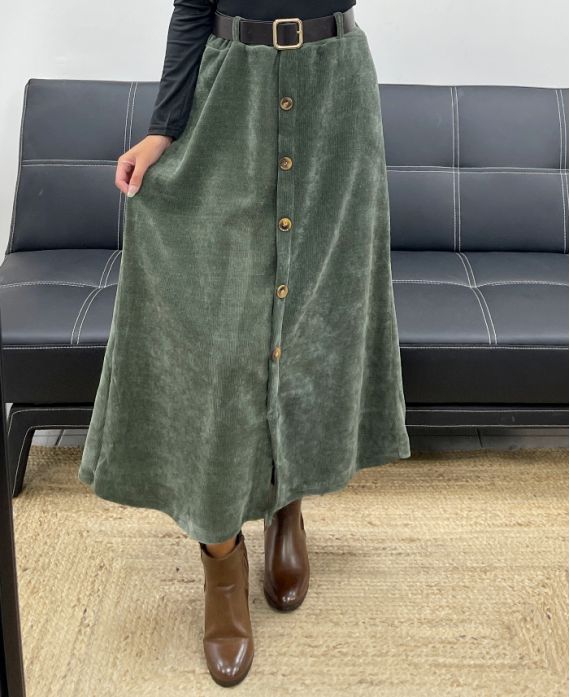 LONG VELVET SKIRT WITH BUTTONS + BELT AH255162 KHAKI