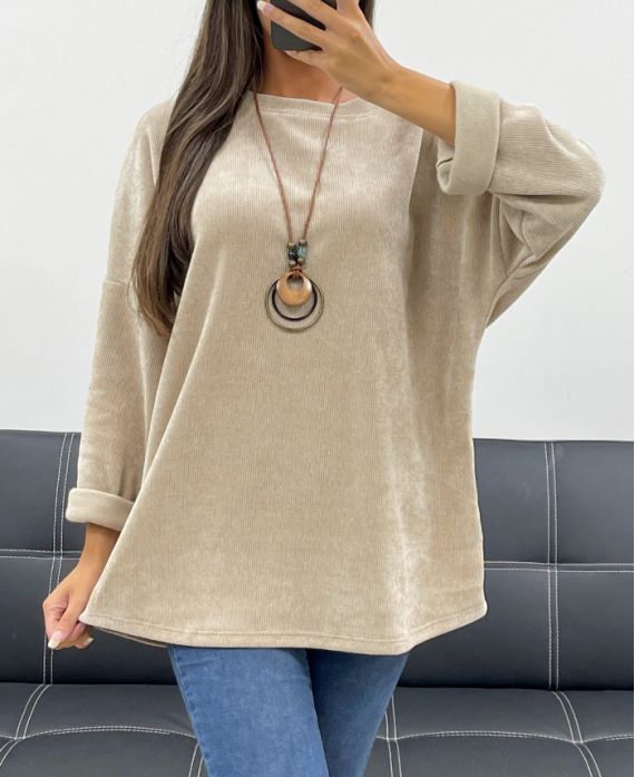 PULL AMPLE VELOURS + COLLIER OFFERT AH255038 BEIGE
