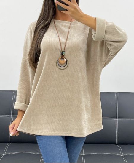 PULL AMPLE VELOURS + COLLIER OFFERT AH255038 BEIGE