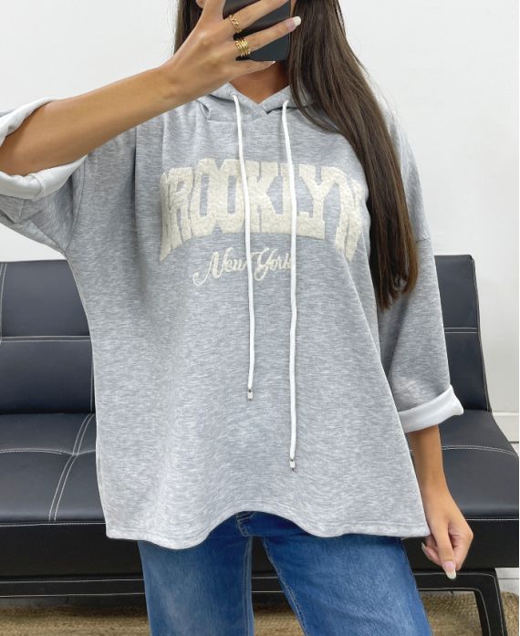BROOKLYN AH255139 GREY EMBROIDERY HOODIE