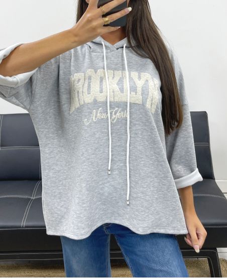 BROOKLYN AH255139 GREY EMBROIDERY HOODIE