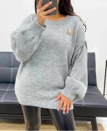 PULLOVER OVERSIZE BROCHE SOLEIL AH255111 GRIS